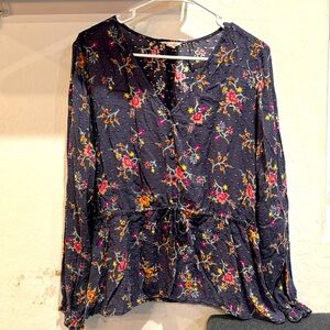 Caslon 100% Rayon Floral Long Sleeve Semi Sheer Cinch Waist Top